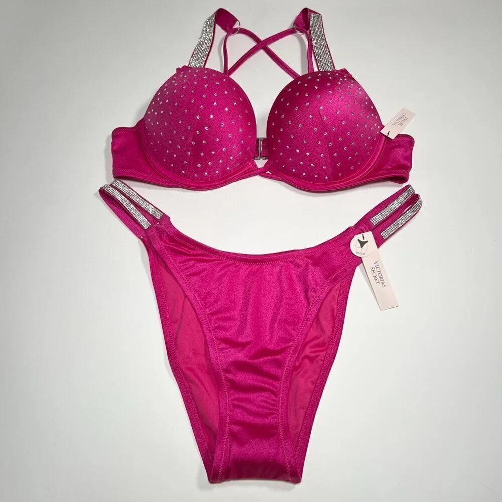 Victoria Secret 36A M Bombshell Push Up Bikini Top Set Shine Strap Berry Blush